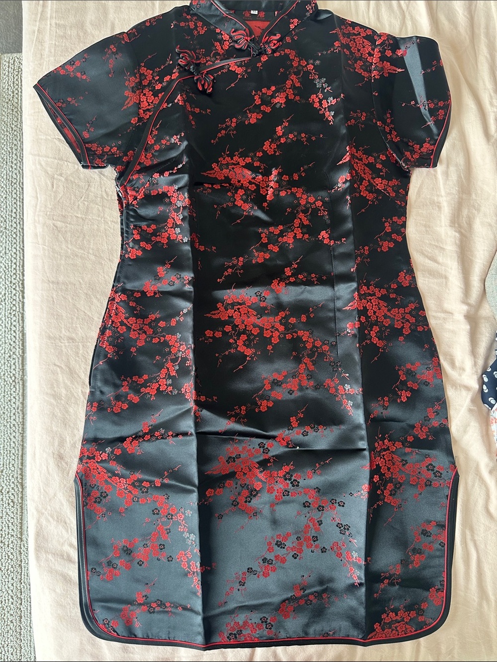 Women’s Black Satin Cheongsam Dress with Red Floral Pattern